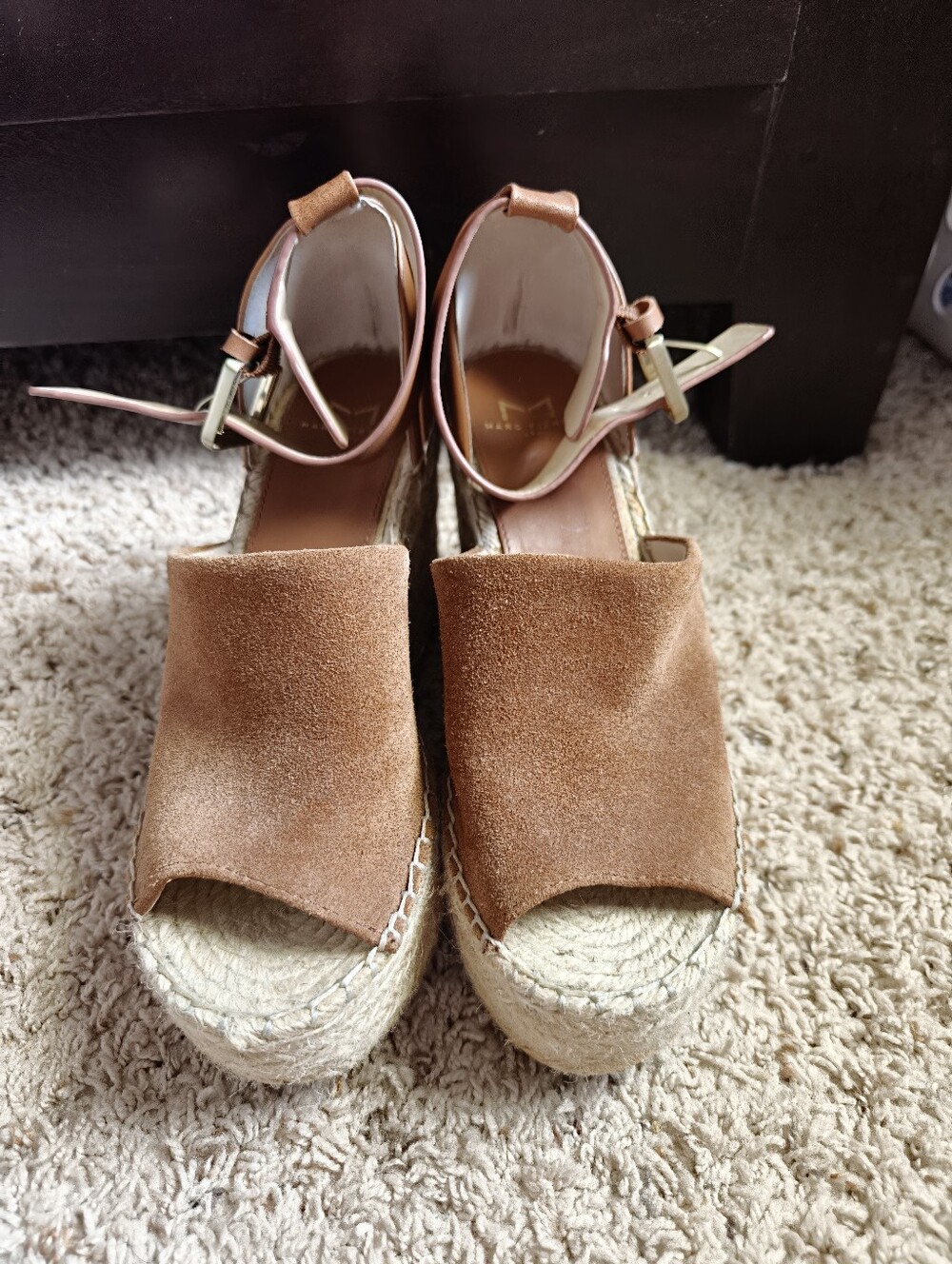 Marc Fisher Tan Suede Espadrille Wedge Sandals with Ankle Strap